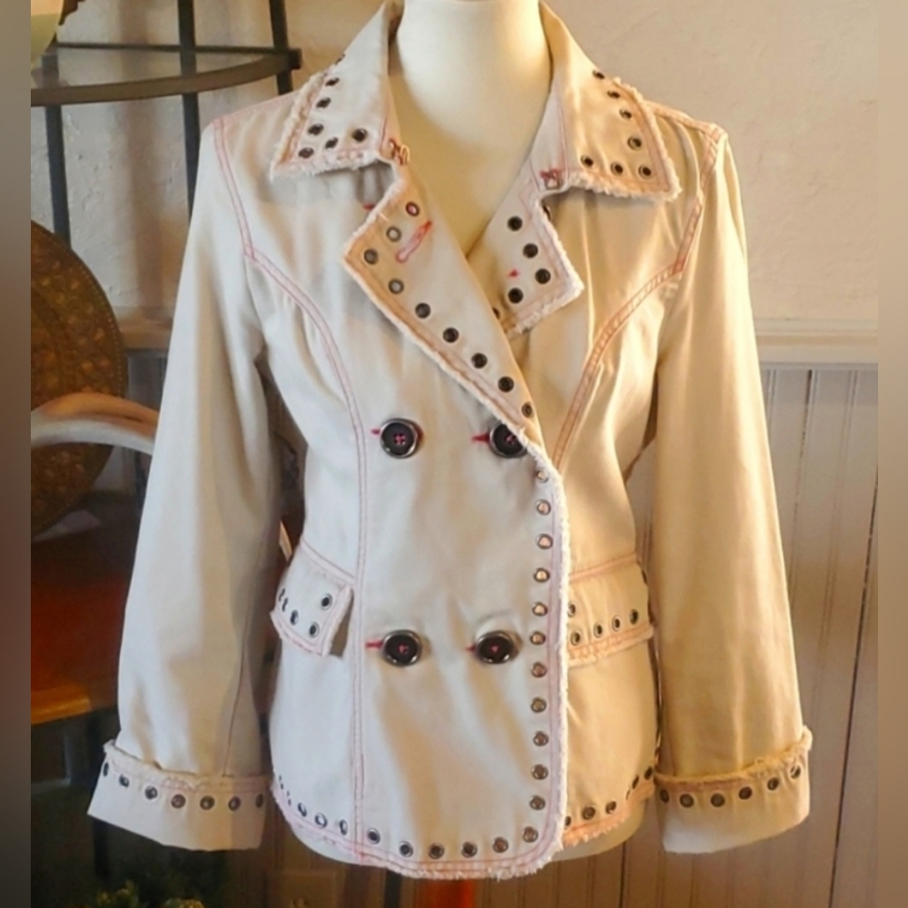 Raw Edge Studded Grommet Cream Jacket with Pink Stitching Size Large